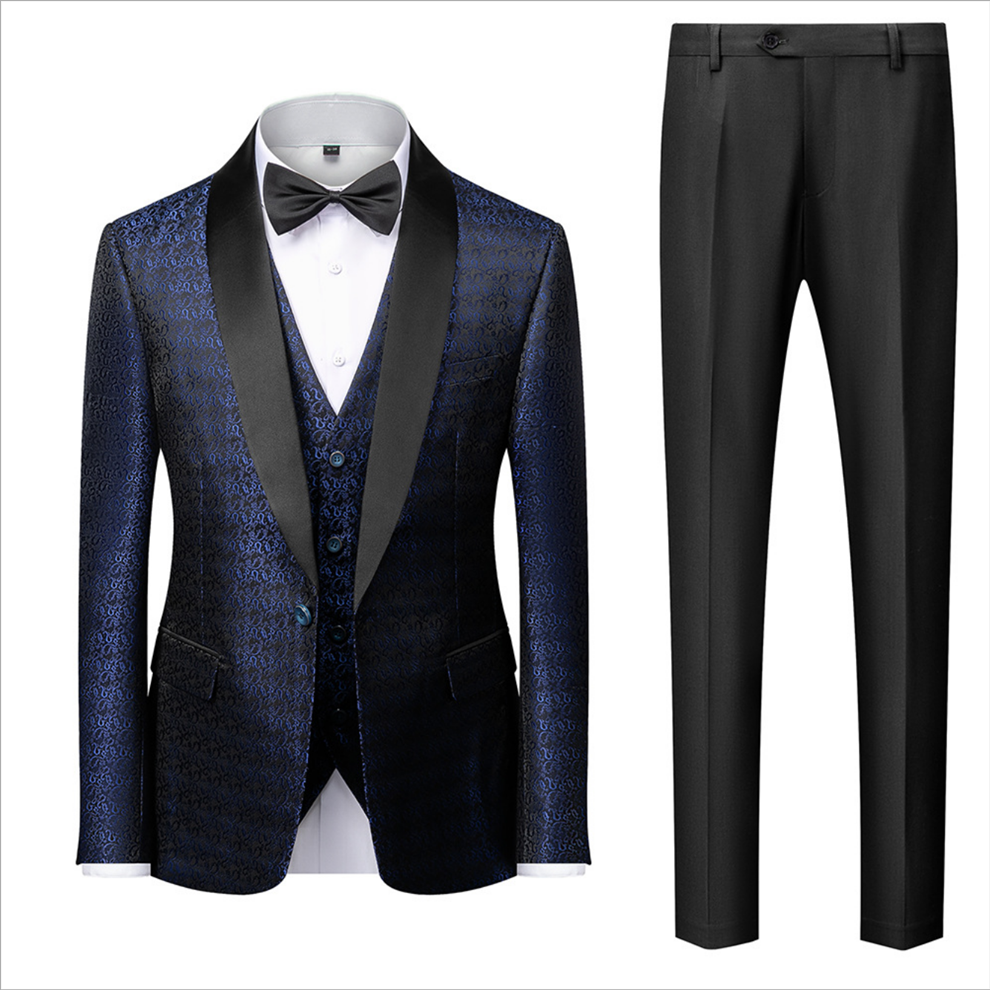 One-Button Dark Navy Blue Floral Jacquard Wedding Suit for Gentlemen-Wedding Suits-BallBride