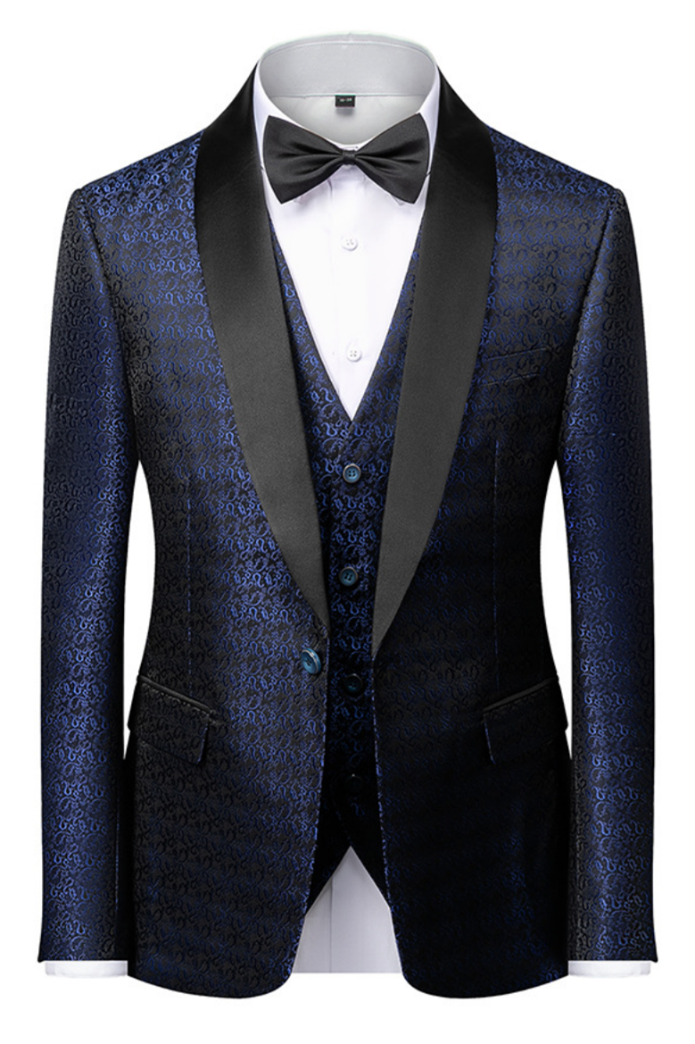 One-Button Dark Navy Blue Floral Jacquard Wedding Suit for Gentlemen-Wedding Suits-BallBride