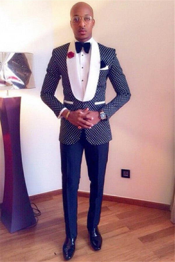 One Button Navy Blue Prom Suit For Guys with Handsome Shawl Lapel Polka Dot-Prom Suits-BallBride