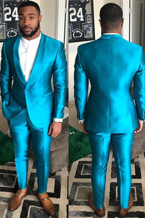 One-Button Reception Suit for Groom, Sparkly Blue with Shawl Lapel-Prom Suits-BallBride