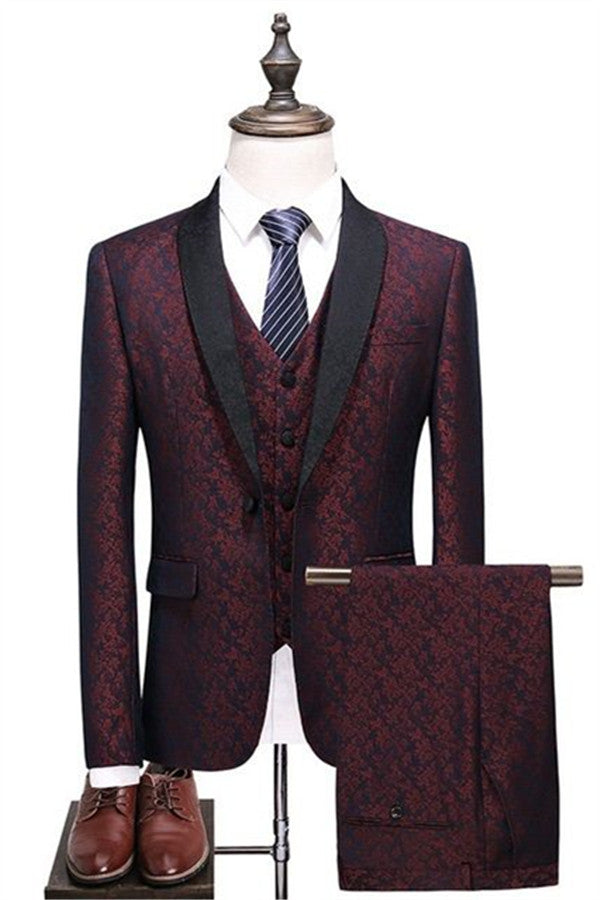 One Button Three Pieces Short Fit Suit with Burgundy Check Design-Business & Formal Suits-BallBride