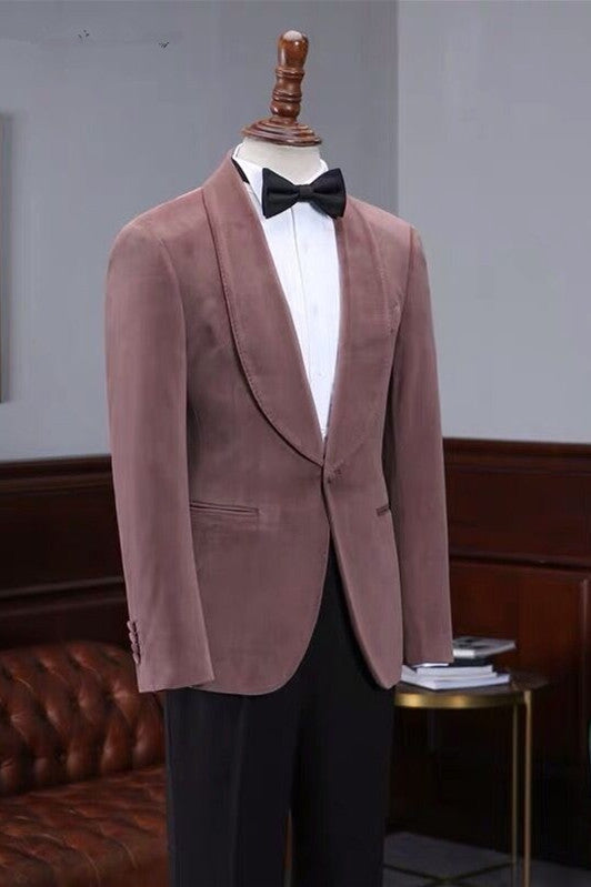 One Button Wedding Suit in Classic Pink Velvet Shawl Lapel for Men-Wedding Suits-BallBride