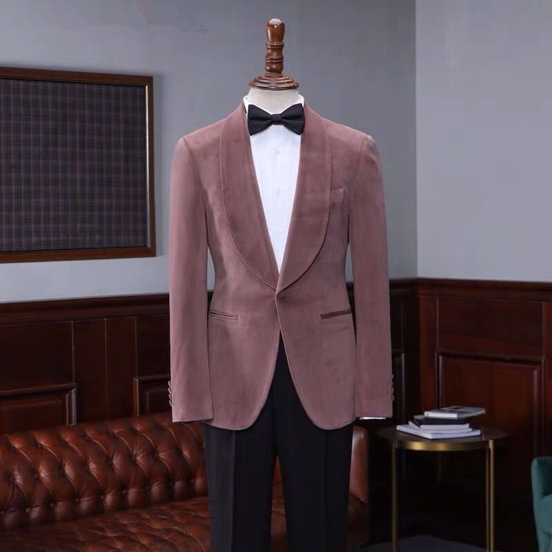 One Button Wedding Suit in Classic Pink Velvet Shawl Lapel for Men-Wedding Suits-BallBride