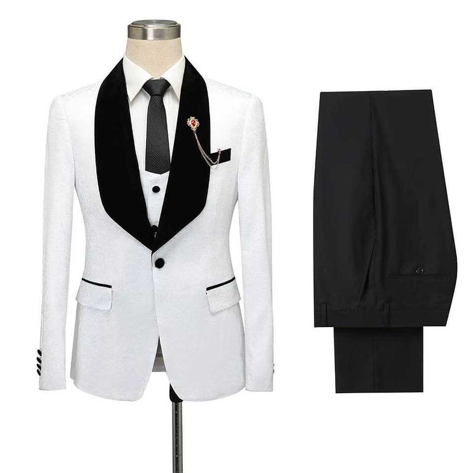 One Button White Jacquard Wedding Tuxedo With Black Lapel-Wedding Suits-BallBride