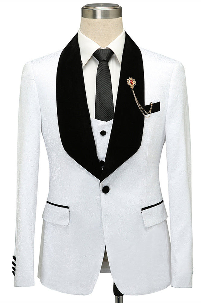 One Button White Jacquard Wedding Tuxedo With Black Lapel-Wedding Suits-BallBride