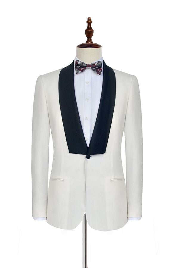 One Button White Wedding Tuxedos for Men with Black Knife Collar Classic Look-Wedding Suits-BallBride