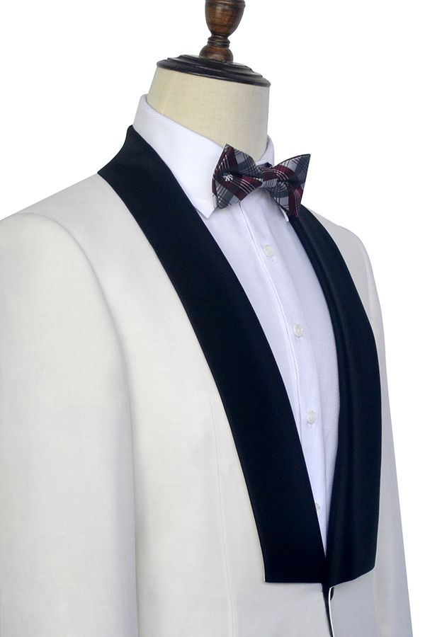 One Button White Wedding Tuxedos for Men with Black Knife Collar Classic Look-Wedding Suits-BallBride