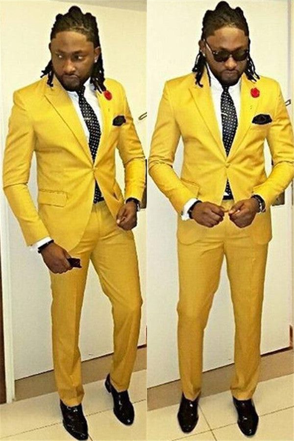 One Button Yellow Casual Prom Outfits for Guys with Peaked Lapel-Prom Suits-BallBride