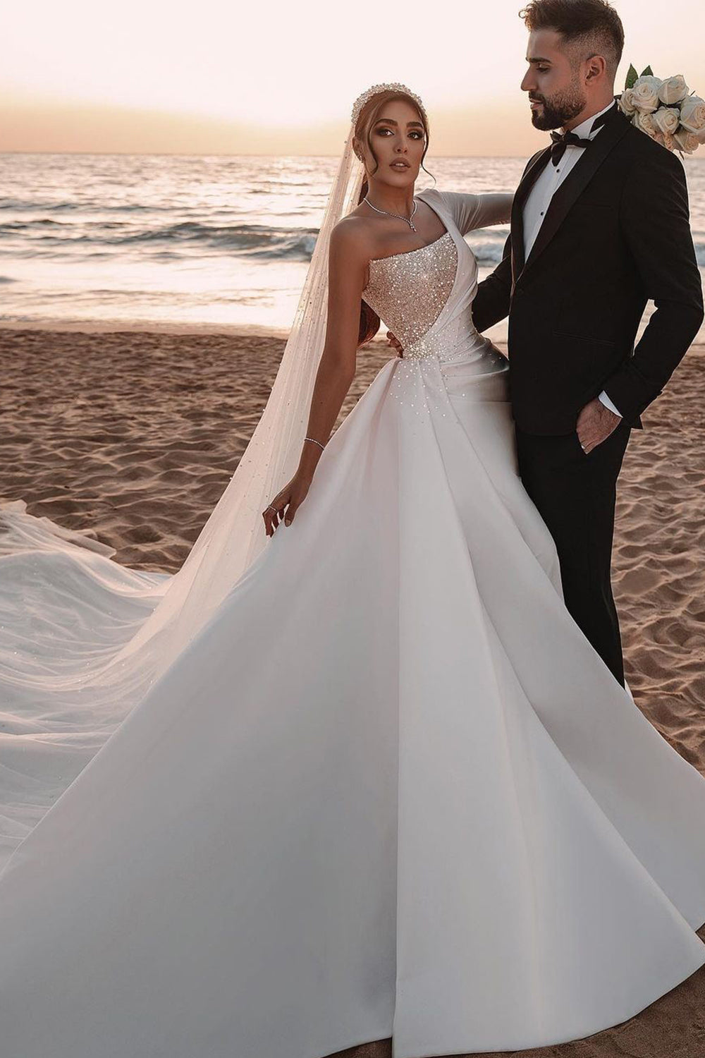 One Shoulder A-line Wedding Dress with Sequins and Long Sleeves-Wedding Dresses-BallBride