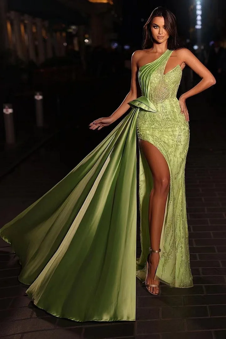 One Shoulder Beaded Ruffle Mermaid Evening Dress in Green-Evening Dresses-BallBride