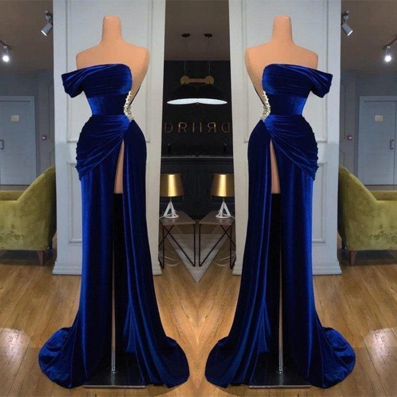 One Shoulder Dark Blue Mermaid Prom Dress with Beads and Long Split-BallBride