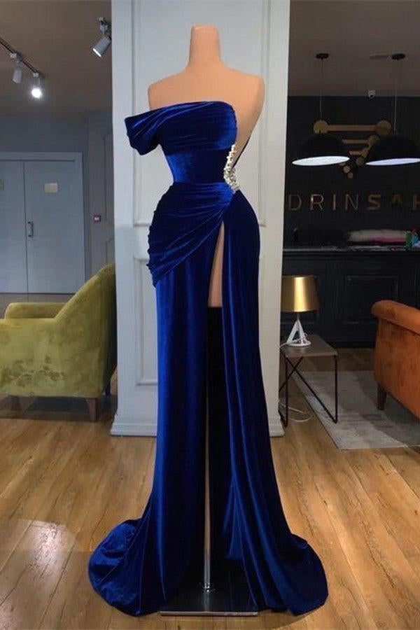 One Shoulder Dark Blue Mermaid Prom Dress with Beads and Long Split-BallBride