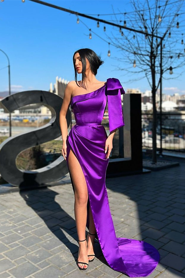 One-Shoulder Long Mermaid Evening Dress with Split - Purple-Evening Dresses-BallBride