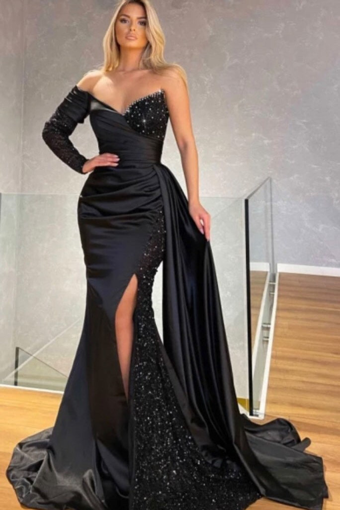 One Shoulder Long Sleeve Split Black Mermaid Prom Dress With Sequins-BallBride