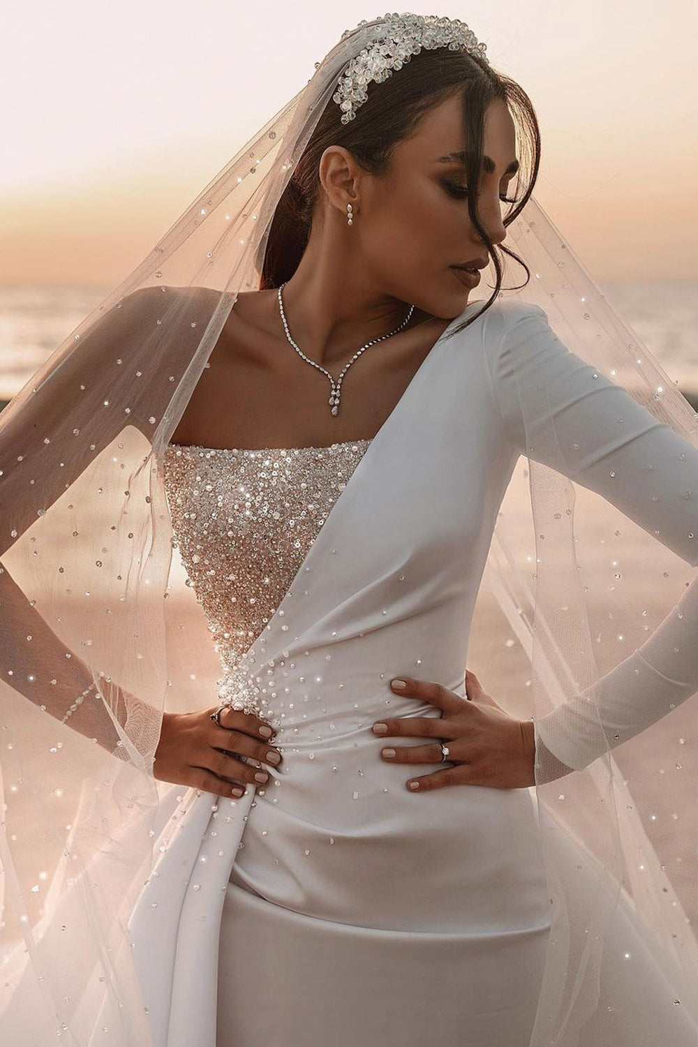 One Shoulder Long Sleeves Wedding Dress With Sparkling Sequins-Wedding Dresses-BallBride