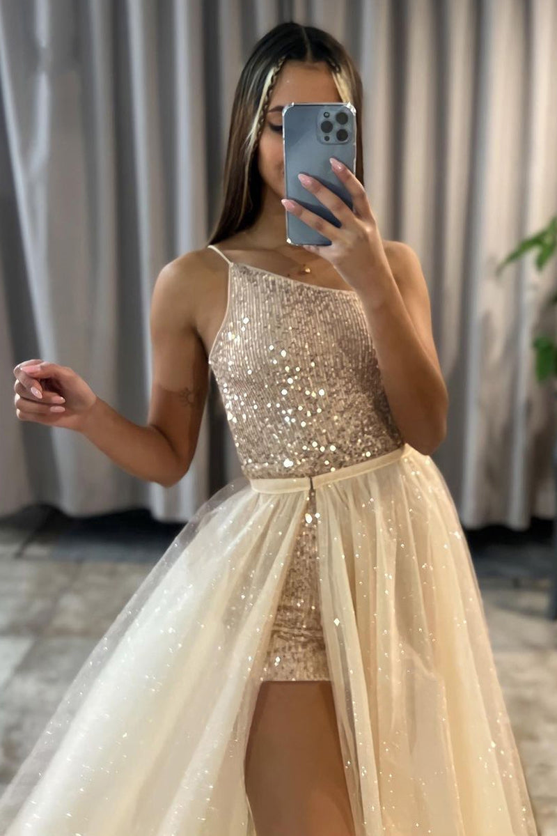 One Shoulder Sleeveless Prom Dress - Tulle With Sequins Slit, New Arrival-Occasion Dress-BallBride