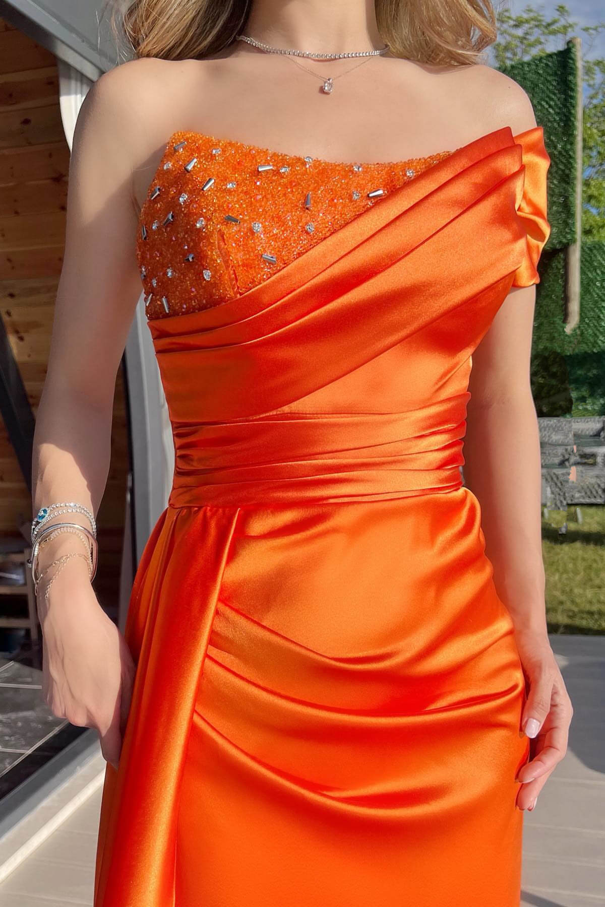 Orange Mermaid Prom Dress with Ruffles and Beadings - One Shoulder With Split-BallBride