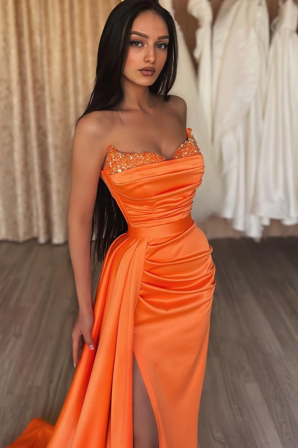 Orange Strapless Split Long Mermaid Prom Dress with Ruffles-BallBride