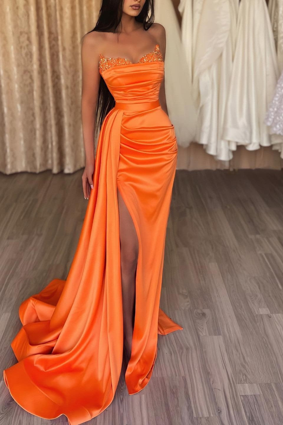 Orange Strapless Split Long Mermaid Prom Dress with Ruffles-BallBride