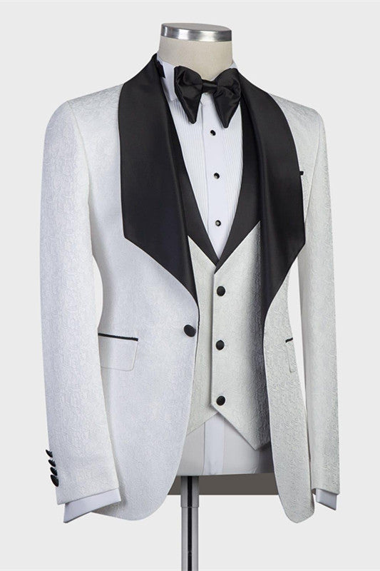 Paxton White Jacaquard Wedding Suits with Black Shawl Lapel-Wedding Suits-BallBride