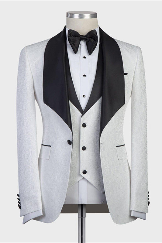 Paxton White Jacaquard Wedding Suits with Black Shawl Lapel-Wedding Suits-BallBride