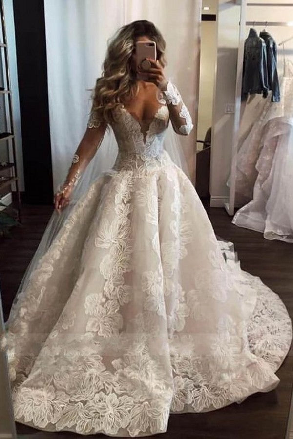 Pearl A-Line Long Wedding Dress with Appliques Lace and Sexy Deep V-neck Sleeves-Wedding Dresses-BallBride