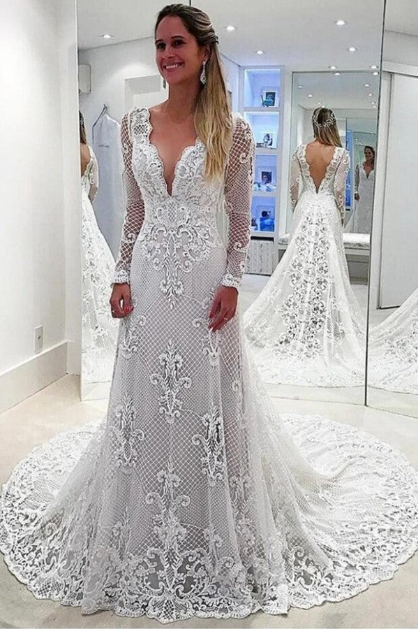 Pearl Lace Appliques A-Line Deep V-neck Backless Long Sleeves Wedding Dress-Wedding Dresses-BallBride