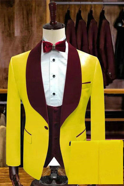 Pedro Yellow One Button Groom Suit with Velvet Lapel-Wedding Suits-BallBride