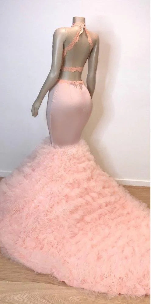 Pink High Neck Mermaid Prom Dress Lace Appliques Tulle Evening Gowns-BallBride