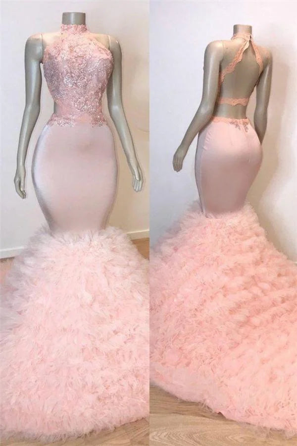 Pink High Neck Mermaid Prom Dress Lace Appliques Tulle Evening Gowns-BallBride