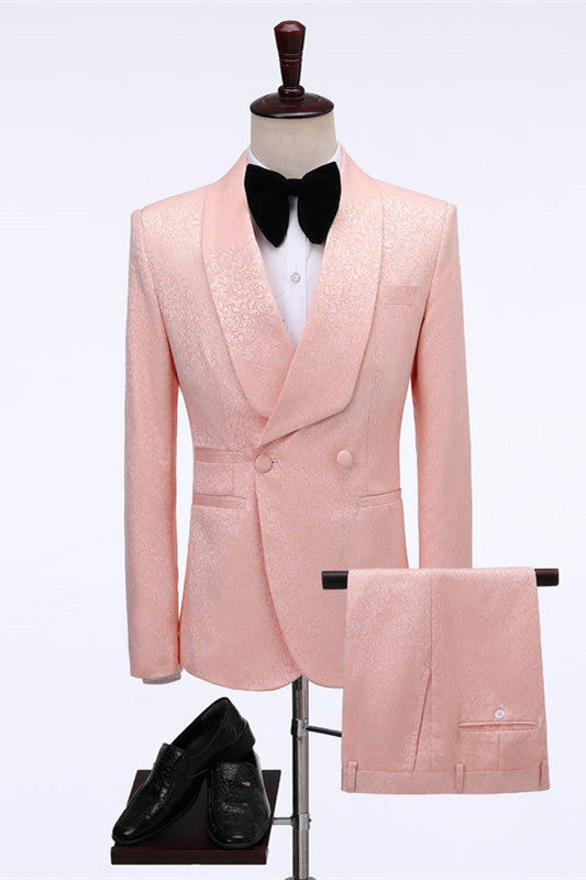 Pink Jacquard Shawl Lapel Wedding Suit With Double Breasted-Wedding Suits-BallBride
