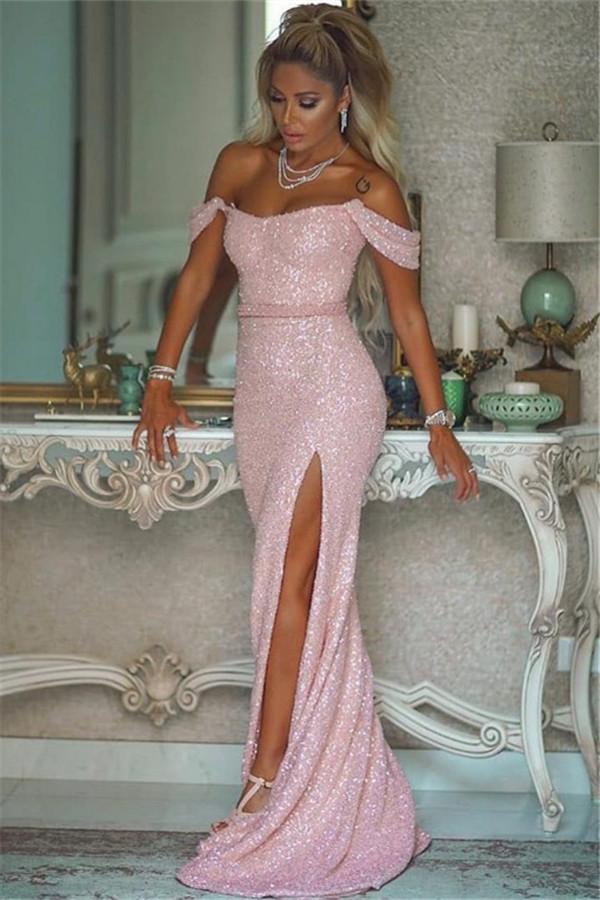 Pink Sequins Mermaid Elegant Evening Dress With Slit-BallBride