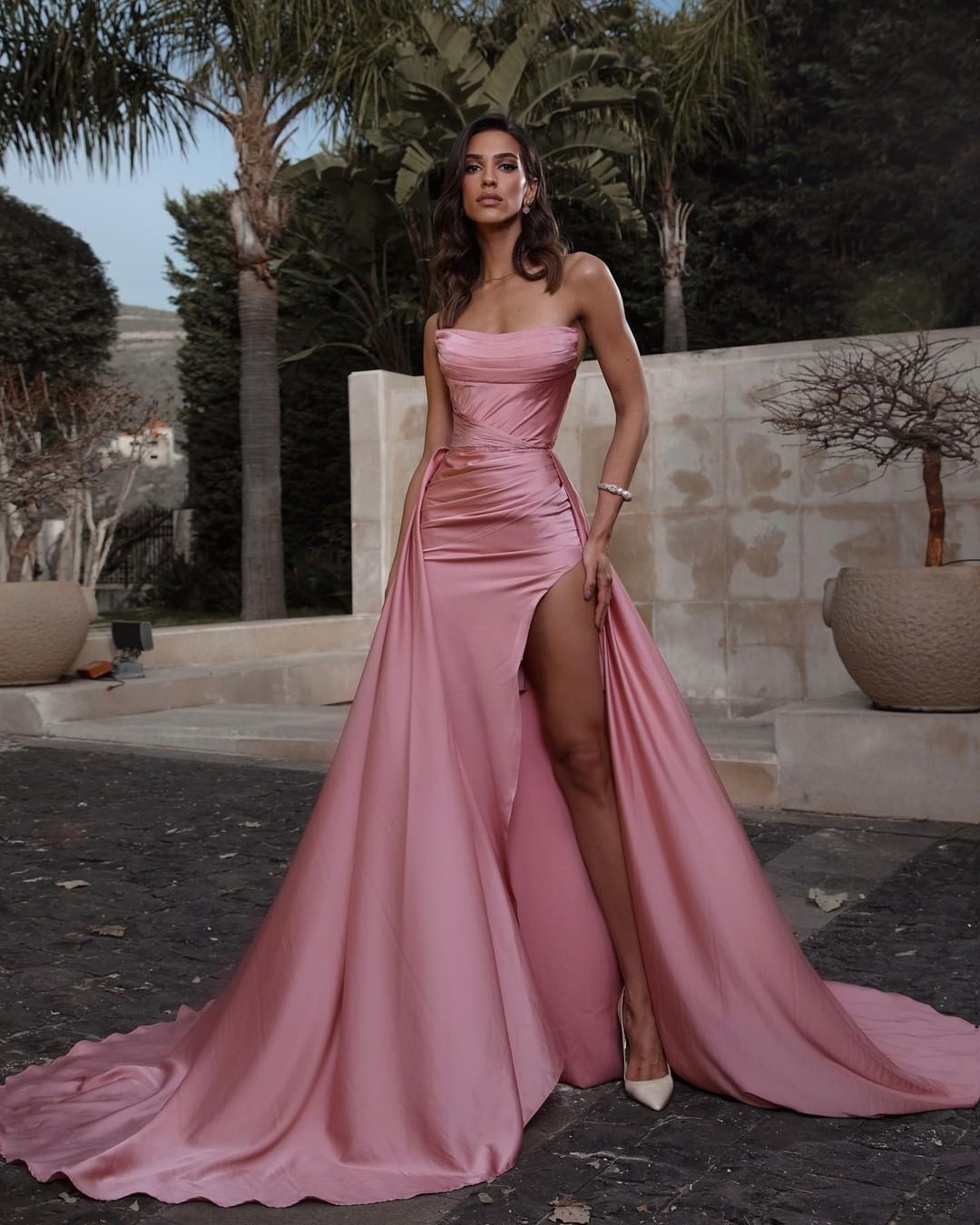 Pink Strapless Slit Sleeveless Prom Dress With Detachable Skirt-BallBride