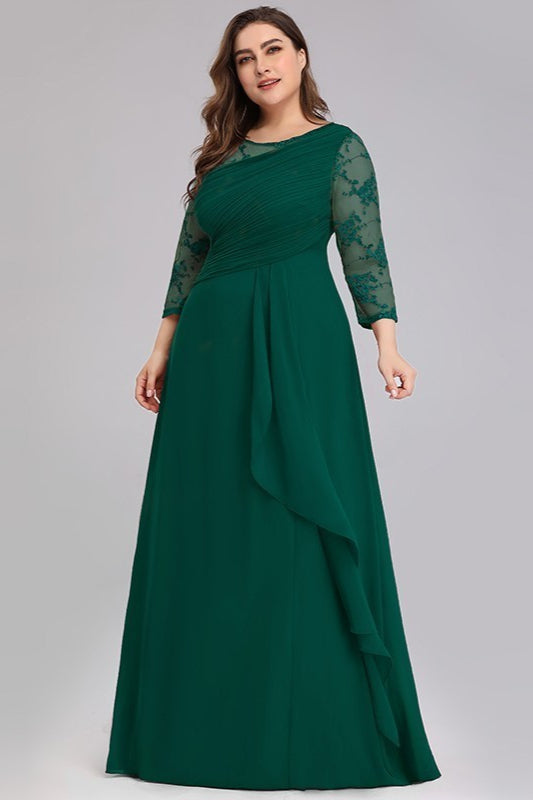 Plus Size Lace Chiffon Prom Dress - Long Sleeve Evening Gown-Occasion Dress-BallBride