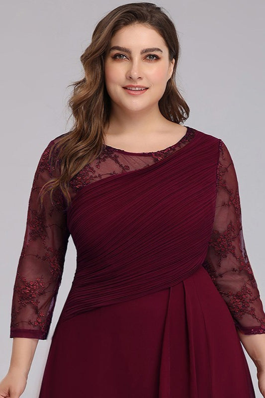 Plus Size Lace Chiffon Prom Dress - Long Sleeve Evening Gown-Occasion Dress-BallBride