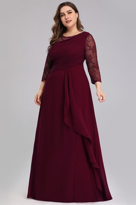 Plus Size Lace Chiffon Prom Dress - Long Sleeve Evening Gown-Occasion Dress-BallBride