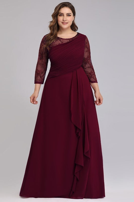 Plus Size Lace Chiffon Prom Dress - Long Sleeve Evening Gown-Occasion Dress-BallBride