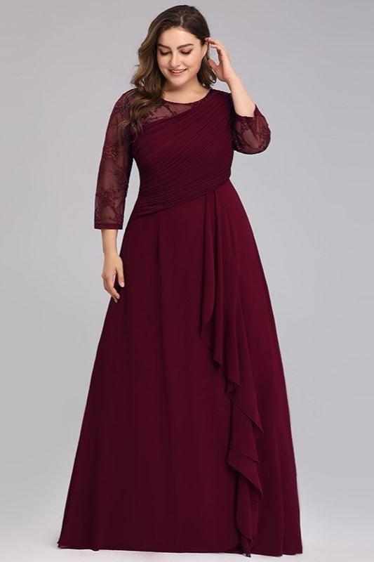 Plus Size Lace Chiffon Prom Dress - Long Sleeve Evening Gown-Occasion Dress-BallBride