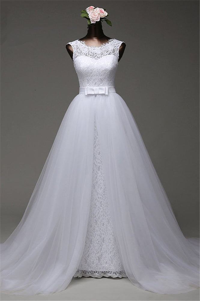 Popular Jewel Sleeveless Lace Long Wedding Dress with Overskirt-Wedding Dresses-BallBride