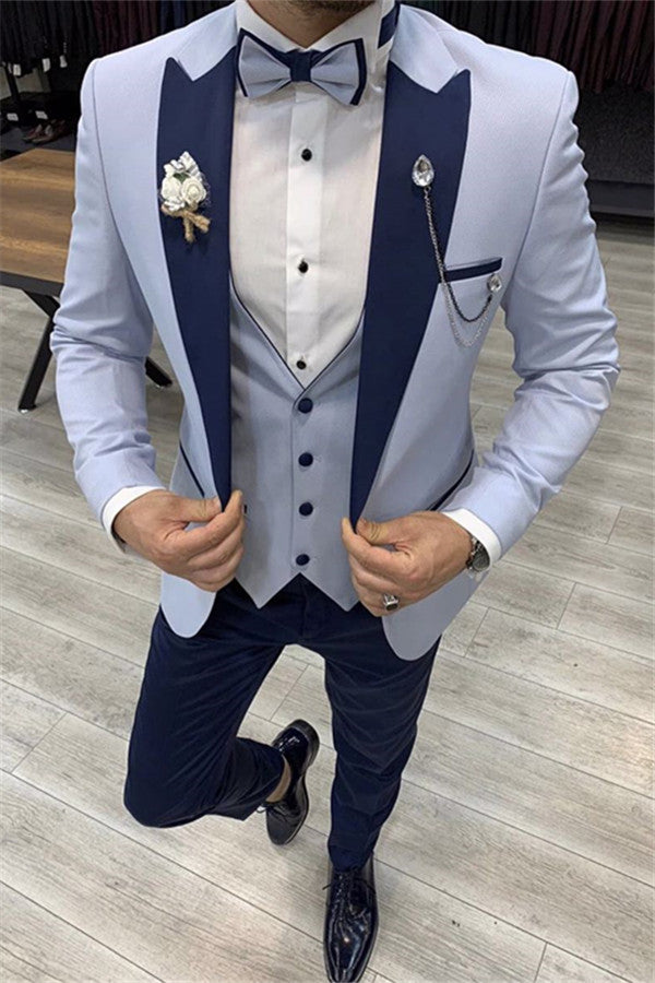 Popular Sky Blue Peaked Lapel Slim Men's Three-Piece Suits-Wedding Suits-BallBride