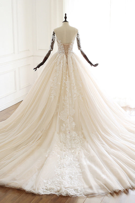 Popular Sweetheart Long Wedding Dress with Lace Appliques Sleeves Ball Gown-Wedding Dresses-BallBride