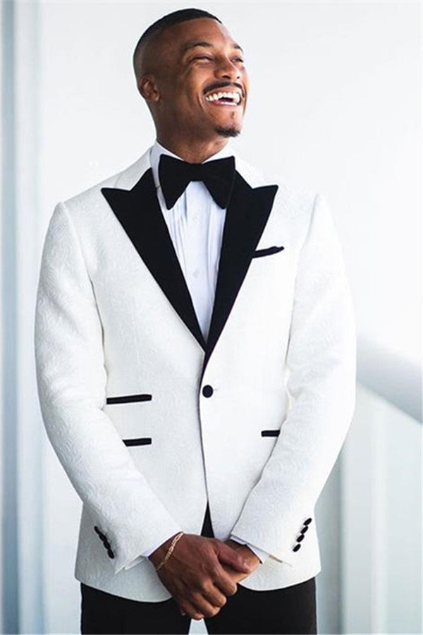 Popular White Jacquard Peaked Lapel Groom Suit Online-Wedding Suits-BallBride