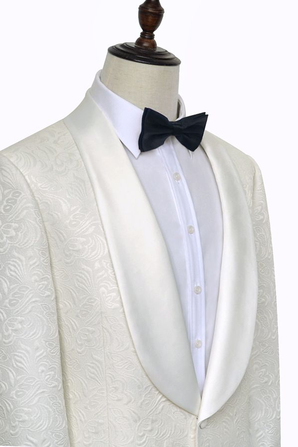 Popular White Tuxedos with Silk Shawl Lapel for Wedding | One Button Wedding Suit for Men-Wedding Suits-BallBride