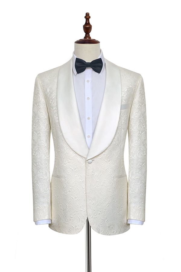 Popular White Tuxedos with Silk Shawl Lapel for Wedding | One Button Wedding Suit for Men-Wedding Suits-BallBride