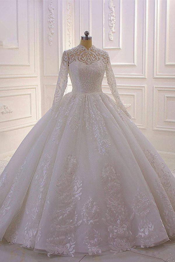 Pretty High Neck Long Sleeve Wedding Dress With Appliques, Ruffles, Lace, Pearl & Sequins-Wedding Dresses-BallBride