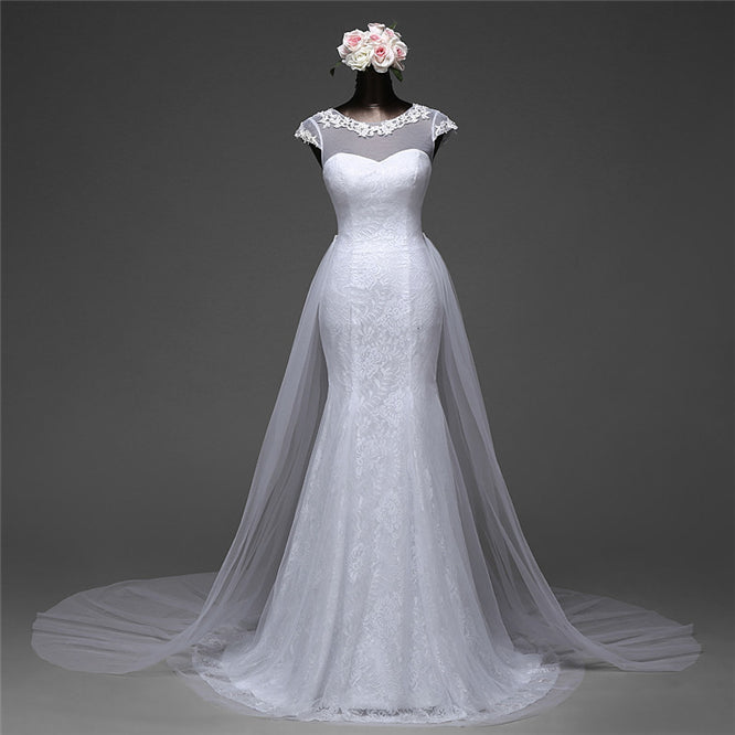 Pretty Jewel Lace Long Mermaid Wedding Dress With Overskirt-Wedding Dresses-BallBride