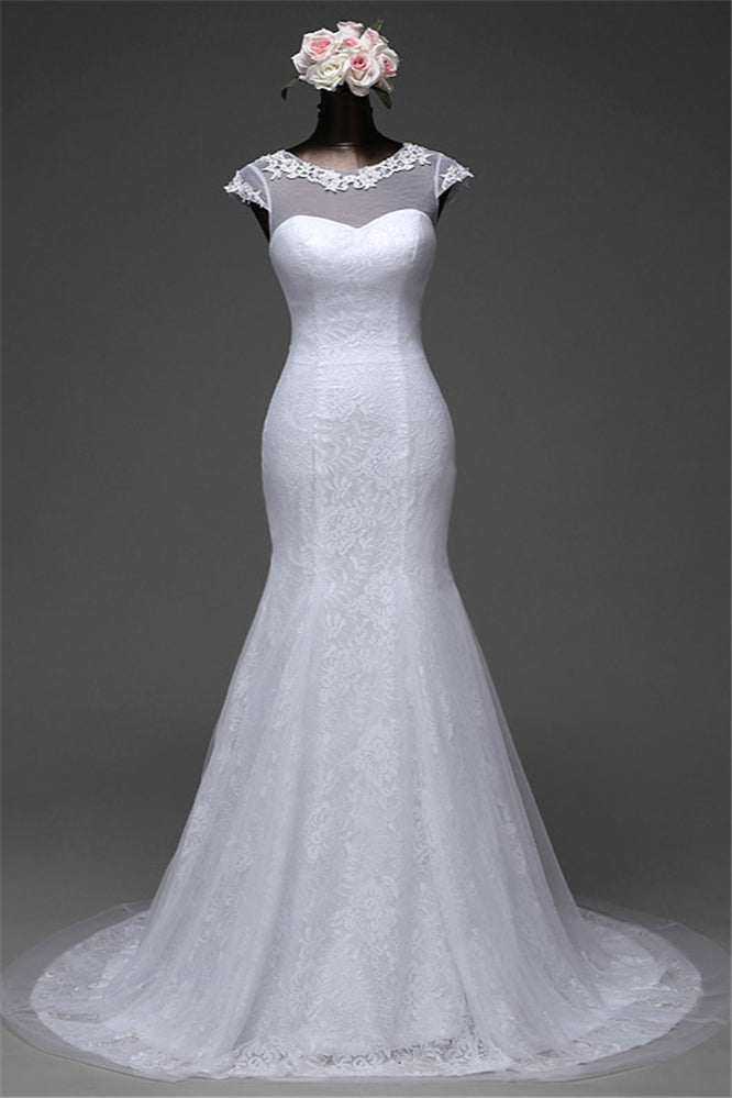 Pretty Jewel Lace Long Mermaid Wedding Dress With Overskirt-Wedding Dresses-BallBride
