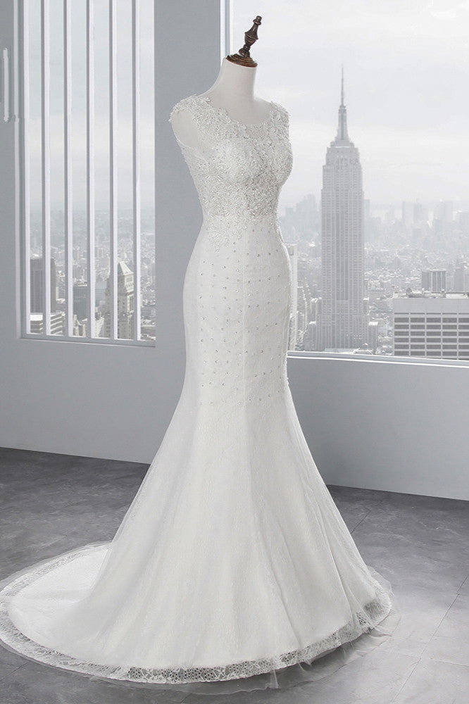 Pretty Jewel Sleeveless Long Mermaid Wedding Dress with Lace Appliques-Wedding Dresses-BallBride