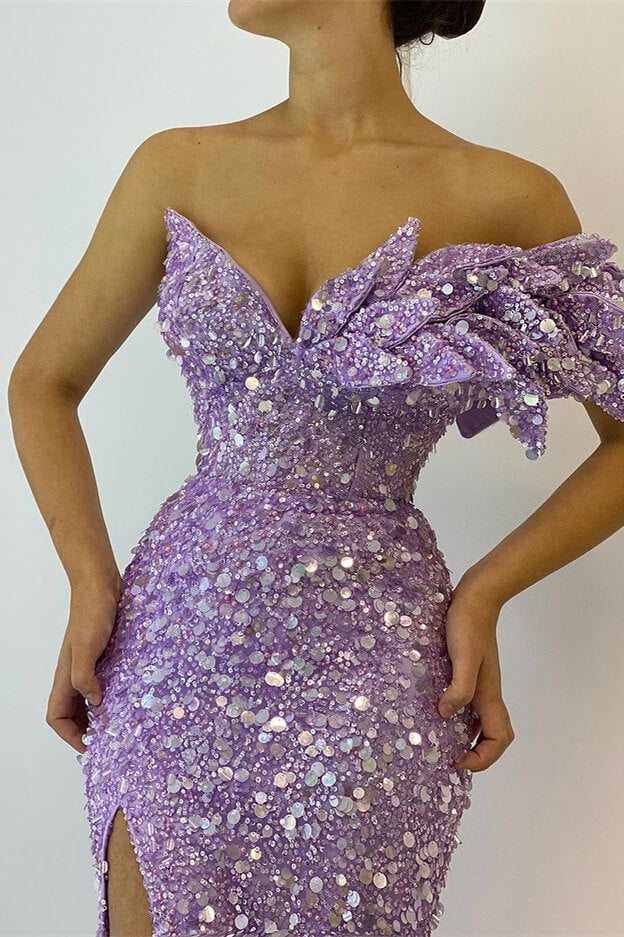 Pretty Lilac V-Neck Off-The-Shoulder Mermaid Prom Dress-BallBride