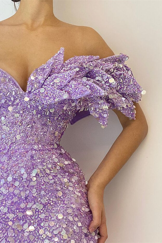 Pretty Lilac V-Neck Off-The-Shoulder Mermaid Prom Dress-BallBride